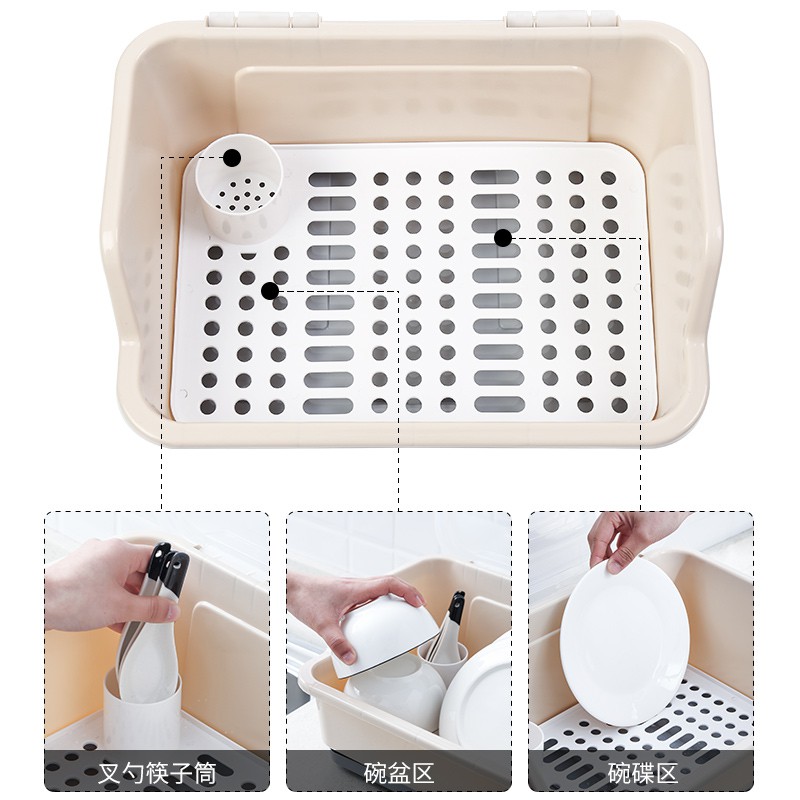 沥水碗架厨房带盖多功能家用塑料防尘收纳盒置物碗碟筷收纳架碗柜收纳层架 三维工匠高清大图