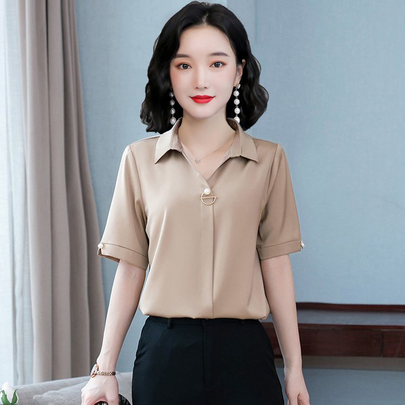 夏装2021年新款女百搭时尚v领衬衫洋气显瘦小衫衬衣中袖法式上衣 杏色68款[中袖] L 建议80-95斤