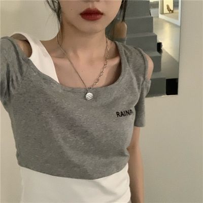 ins超火不规则假两件露肩短款撞色短袖T恤露脐显瘦字母印花上衣女 灰色 XXS[12斤以内]