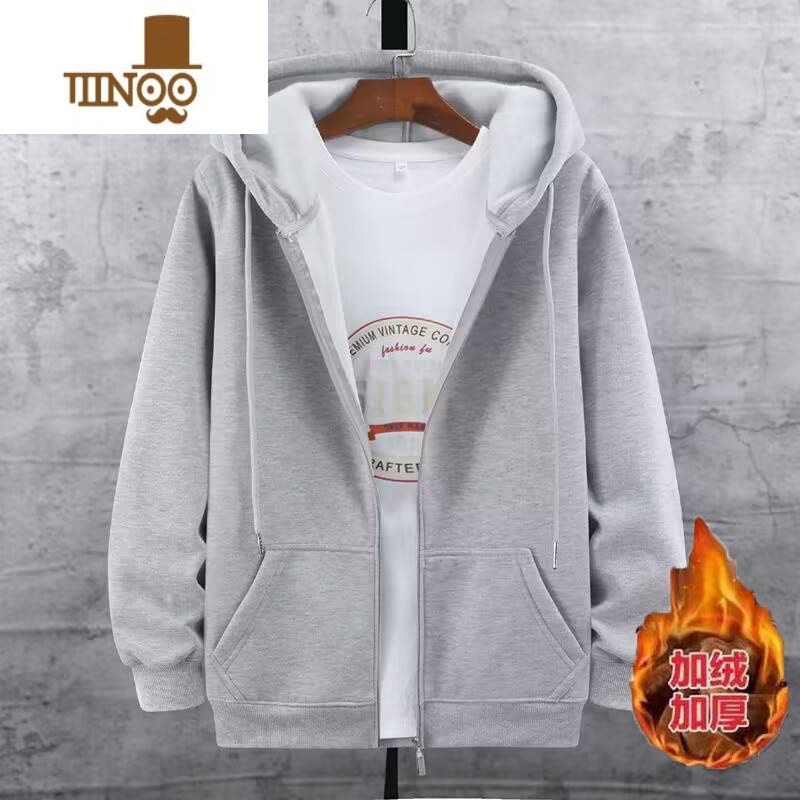 YANXU男士连帽开衫卫衣男冬季加绒休闲拉链男士运动上衣韩版外套图片