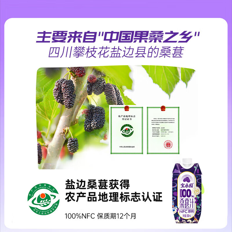 宝桑园100%桑果汁330ml*12盒纯果汁0添加0色素富含花青素补维生素饮料高清大图