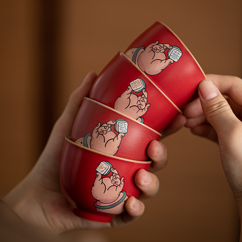 苏氏陶瓷(SUSHI CERAMICS)故宫红恭喜发财心意茶杯杯架盘套组