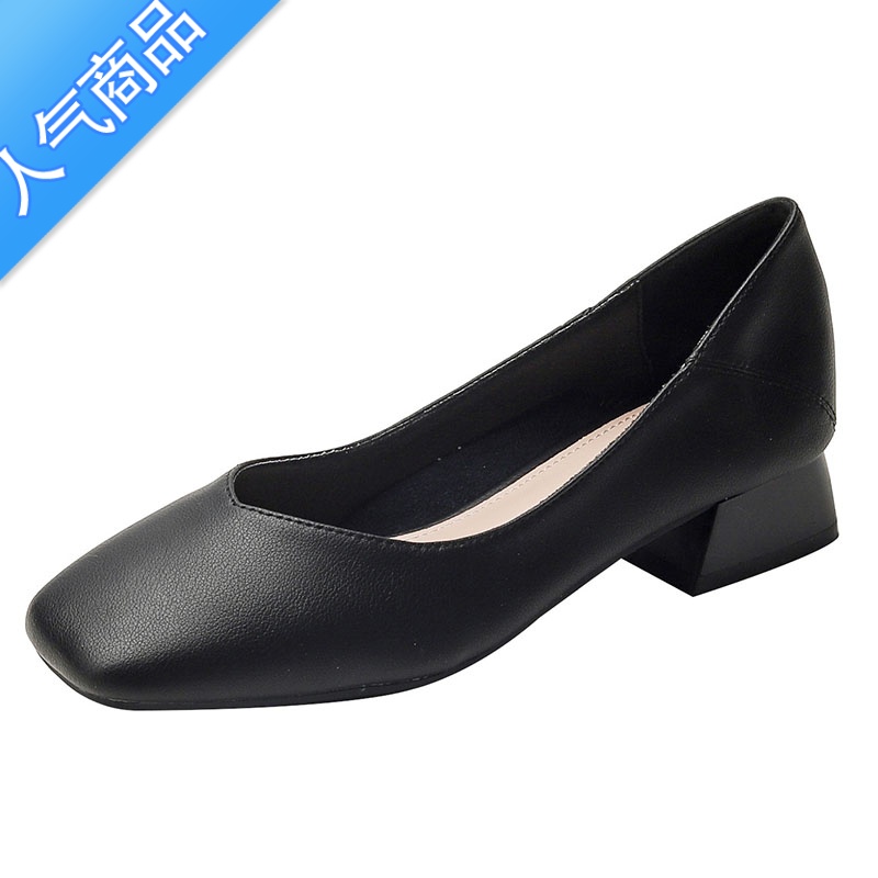 SUNTEK舒适中跟单鞋女2023春季新款粗跟浅口纯色不累脚工作高跟鞋女高清大图