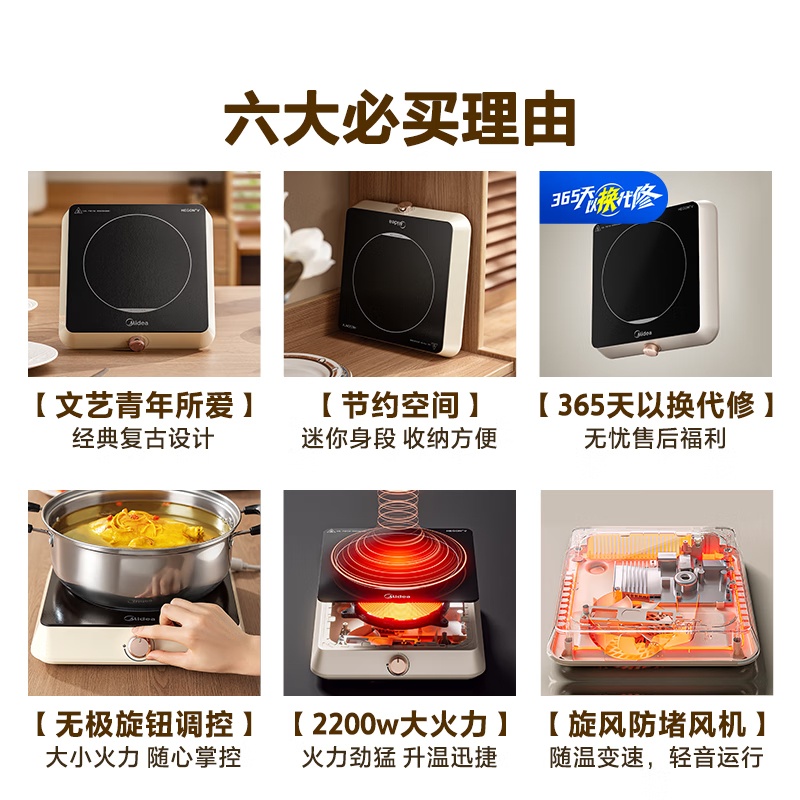 美的(Midea) 电磁炉 大功率电磁炉小型 大线圈 大火力 匀火旋钮调节 迷你易收纳 宿舍火锅炉 (升级款)高清大图