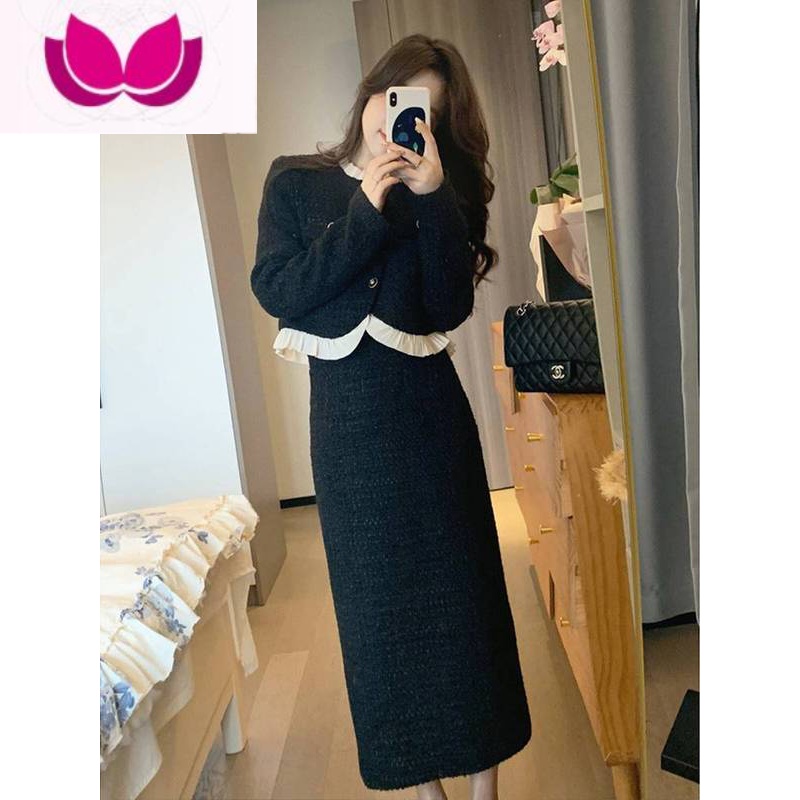 七斓女装高级感冷淡小香风黑色连衣裙子韩系套装冬装搭配一整套高清大图