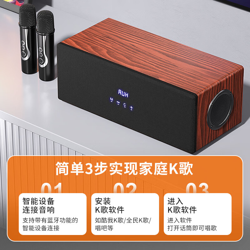 索爱(soaiy)SA-F8家庭KTV音响卡拉ok功放一体机家用电视投影电木吉他乐器音箱双话筒升级4喇叭木花纹高清大图