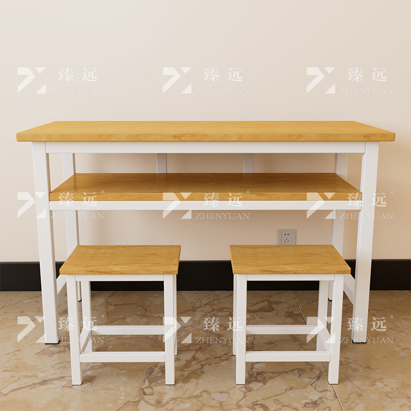 臻远ZY4082139 学生课桌椅双层带抽屉培训班学习桌学校辅导班教室双人桌 胡桃色含凳子+白架1200*600*800