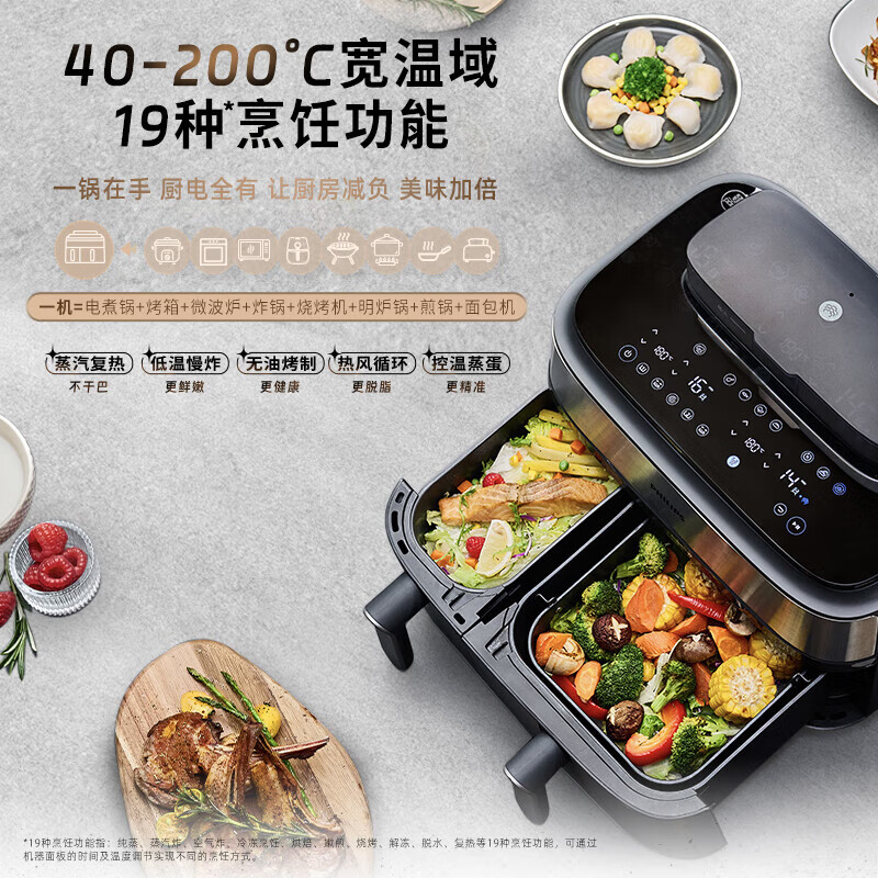 飞利浦(PHILIPS)双仓空气炸锅 家用蒸烤一体机 双仓大容量全自动 [黑色] 9L NA555/00高清大图