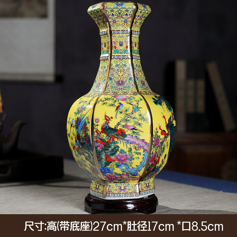 中式陶瓷器花瓶摆件珐琅彩景德镇客厅插花装饰品仿古董工艺品干花收纳袋 三维工匠 04紫-新六方瓶-大_840