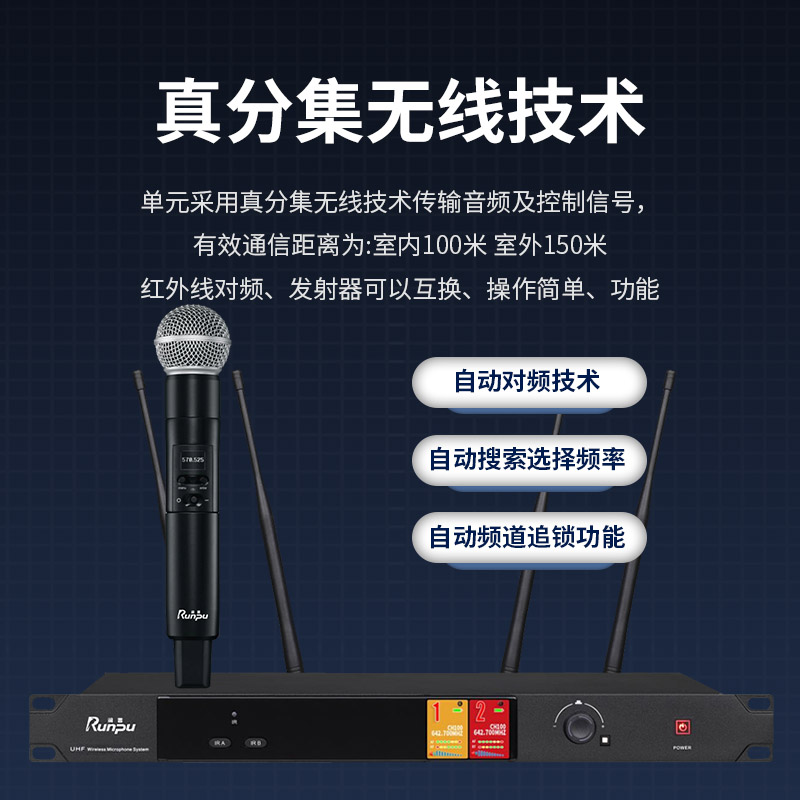 润普Runpu会议音频扩声系统 真分集+UHF 专业无线一拖二红外对频手持麦克风话筒RP-SU102S高清大图