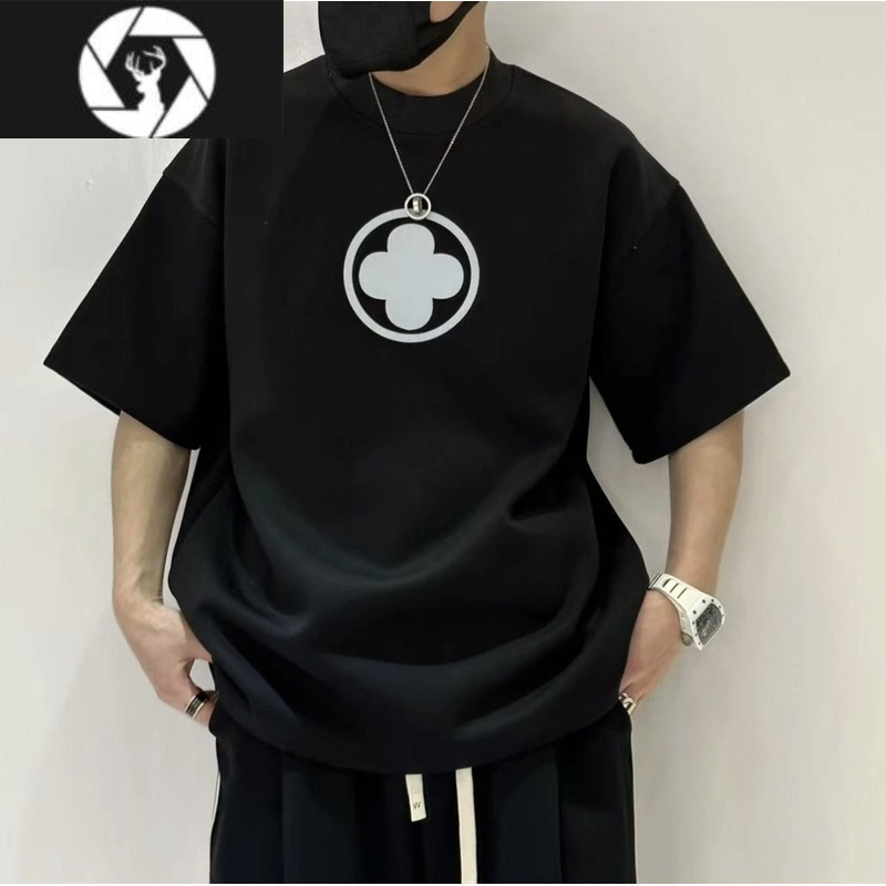 hongzun浪潮春夏男新款棉植绒烫印工艺t恤宽松休闲百搭时尚情侣短袖