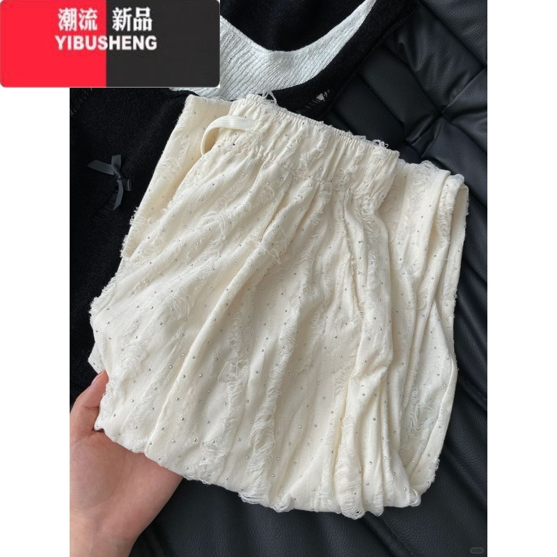 YIBUSHENG重工烫钻蕾丝阔腿裤女季2024新款高腰显瘦直筒抽绳休闲裤长裤子