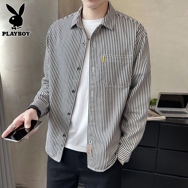 花花公子长袖衬衫男士纯棉条纹上衣服2025年秋季休闲外套衬衣男上高清大图