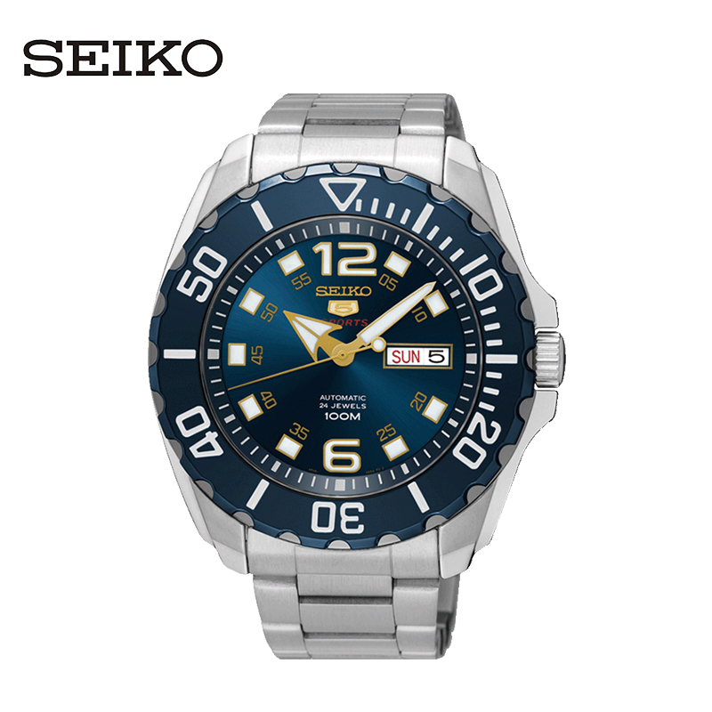 精工（SEIKO）手表 精工5号原装进口自动机械表商务休闲运动防水户外夜光双历功能计时男表蓝盘钢带 SRPB37J1