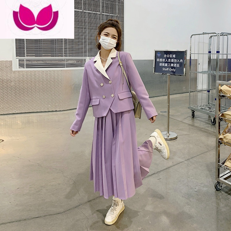 七斓西装配半身裙套女春季2023新款韩版洋气设计感西服百褶裙套装