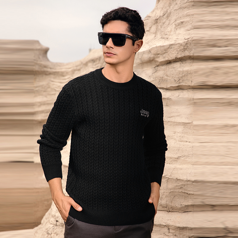 JEEP SPIRIT吉普冬季加厚保暖圆领套头毛衣男2023年新款时尚潮流宽松弹力毛衫高清大图