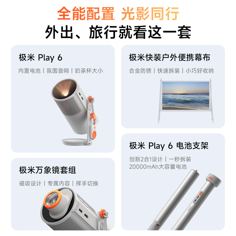 极米Play 6 户外全能套装 投影仪便携家庭影院 1080P云台投影 哈曼卡顿音响 免运费高清大图