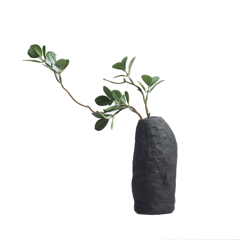 日式粗陶花瓶复古手工拙朴花插陶瓷茶具摆件禅意居家装饰陶艺花器 三维工匠 雅器粗陶黑[款四]高清大图