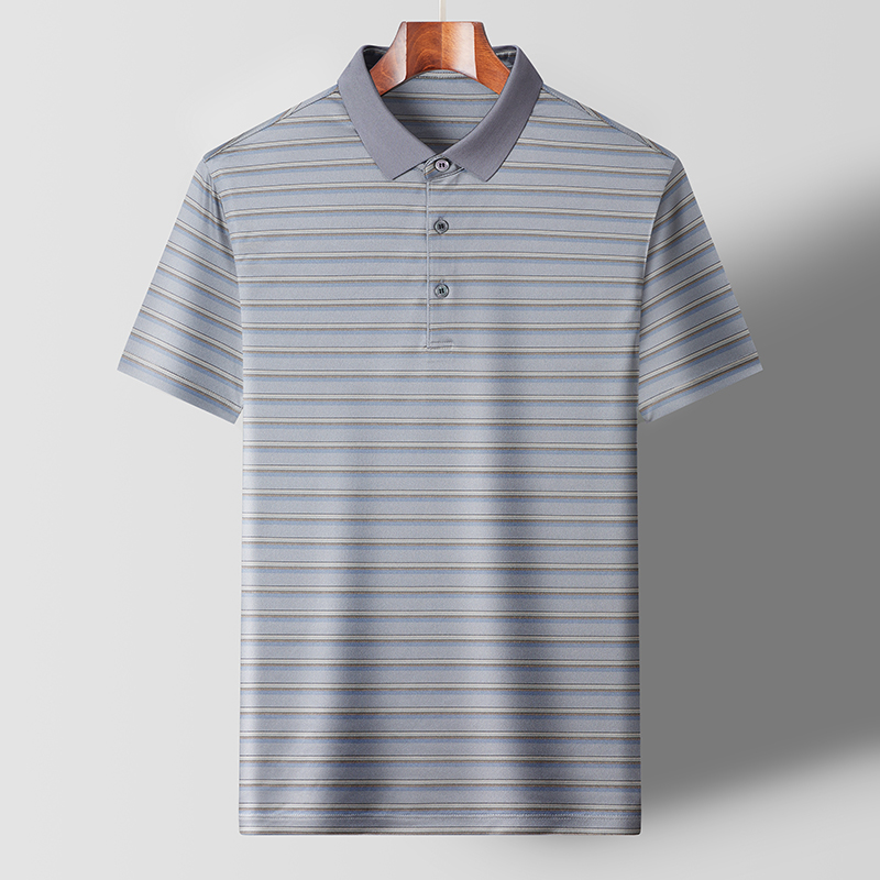2024年夏季桑蚕丝翻领Polo衫条纹商务休闲男士真丝短袖 T恤薄款纯真丝T恤衫高清大图