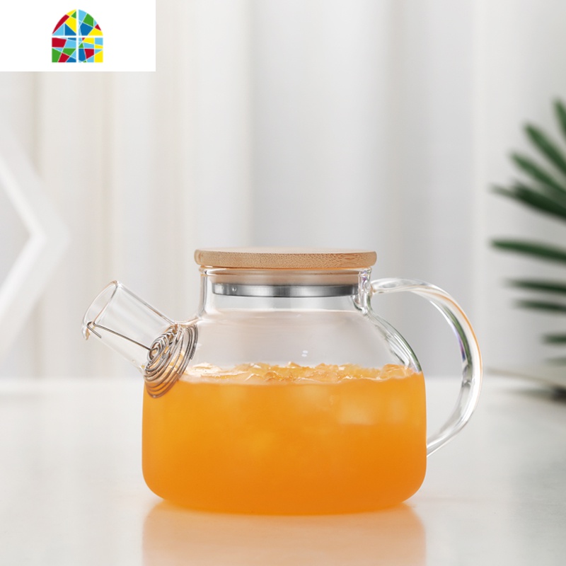 竹盖大容量冷水壶耐热玻璃果汁壶花茶壶家用凉水壶水杯套装 FENGHOU 透明单壶1.8L2个彩把杯套装