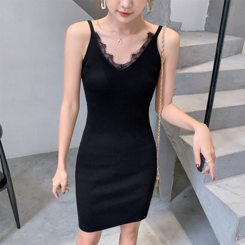 黑色 M[100斤以下] 胖妹妹200斤吊带裙女胖mm蕾丝性感V领紧身内搭冰丝连衣裙大码夏季
