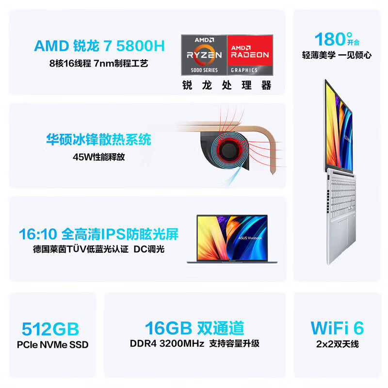 华硕(ASUS) 无畏16 标压锐龙版 定制 R7-5800H 16G内存 2TB固态 高色域 高性能学生办公商务便携轻薄笔记本电脑 蓝