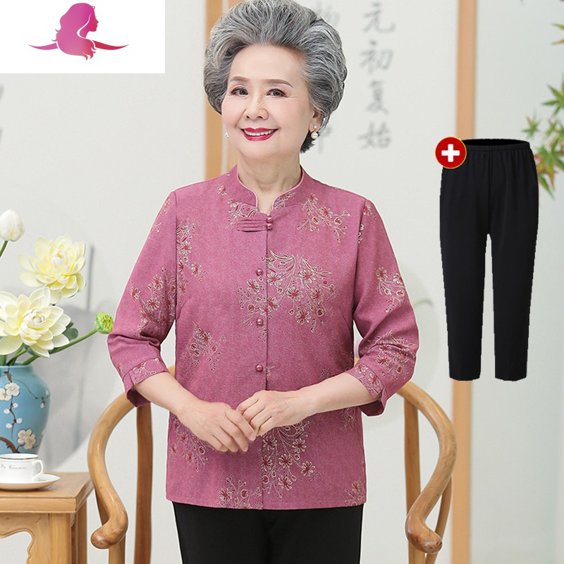 艳如飞老年人妈妈夏装衬衫女两件套奶奶春装上衣套装70-80岁老太太衣服套装