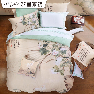 水星家纺 全棉缎纹活性印花四件套 芙蓉双鹭 贡缎1.5m1.8米床品