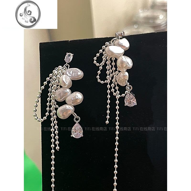 JiMi好货~手作花瓣高亮珍珠水滴锆石长款流苏耳饰高级感耳钉耳环耳夹图片