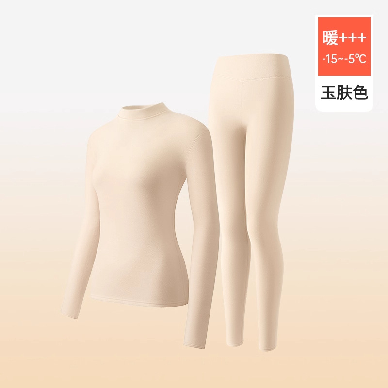 10A羊羔绒保暖内衣女加厚加绒秋冬季圆领一体绒秋衣秋裤套装 中领套装-玉肤色【三倍加厚羊羔绒保暖】 MM【适合80-100斤】