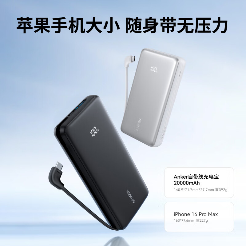 ANKER安克【新3C认证】自带type-c线充电宝移动电源 A110E 20000mAh 黑色
