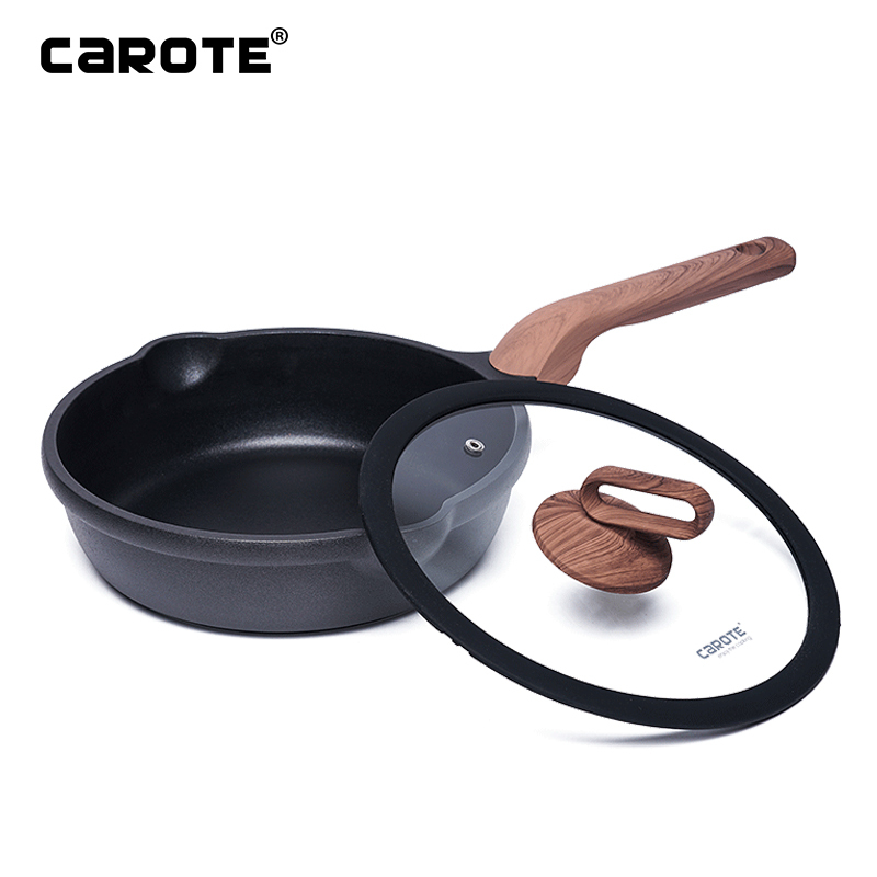 卡罗特(CaROTE)炒锅不粘锅24cm少油烟平底炒菜锅具家用牛排煎锅电磁炉明火燃气通用 复古黑 24CM煎炒锅+盖子
