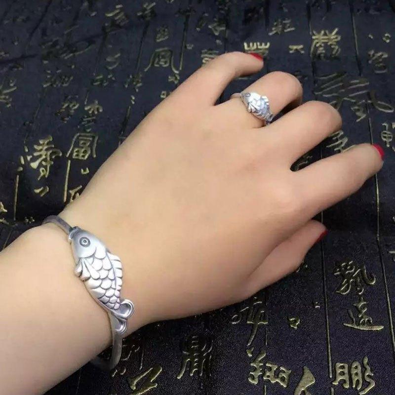 999足银鱼手镯 纯银年年有余银镯子 时尚复古女款 送女朋友礼物送女朋友老婆生日礼物