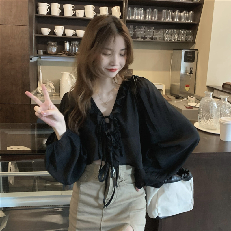 系带灯笼袖设计感衬衫韩版荷叶领长袖防晒衫
