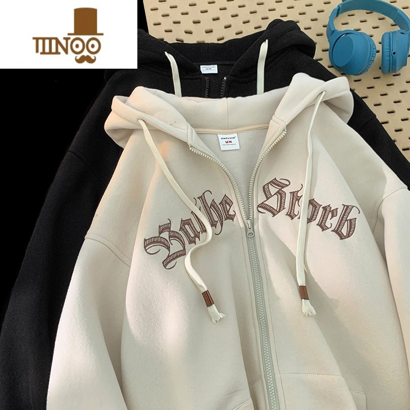 YANXU美式刺绣拉链连帽卫衣男港风宽松休闲外套ins潮秋季情侣运动开衫高清大图