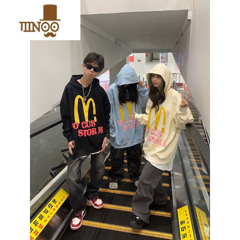YANXU126KID 美式复古字母印花连帽卫衣男女秋季潮牌高街情侣宽松上衣高清大图