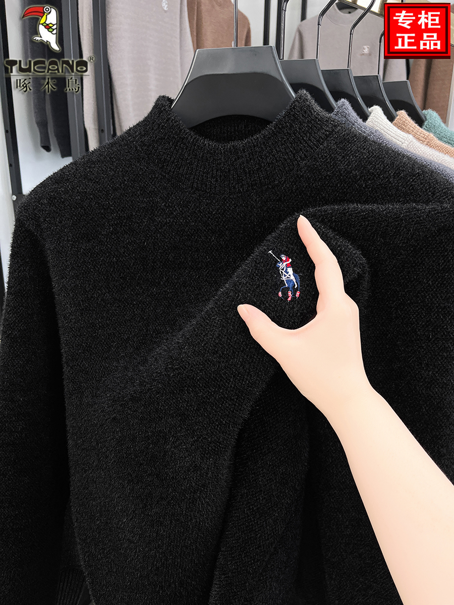 啄木鸟半高领加绒加厚男士毛衣2025冬季一体绒保暖羊毛针织打底体高清大图