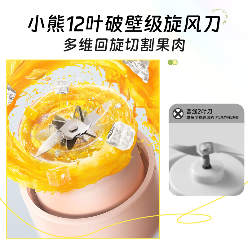 小熊(Bear)榨汁机 家用便携式榨汁杯 无线充电果汁机 户外随行杯果汁杯 12叶刀秒碎冰 小型榨汁桶LLJ-P10X5高清大图