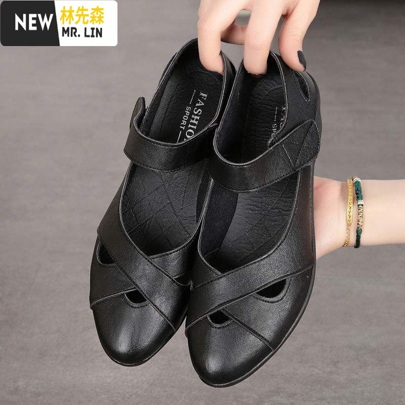 林先森中老年女凉鞋平底妈妈鞋老人夏季皮凉鞋中年女士平跟休闲妈妈