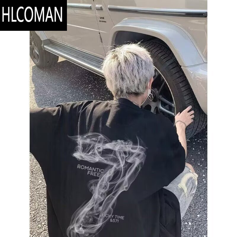 HLCOMAN潮牌t恤短袖男夏季薄款2025新款潮流美式高街宽松百搭情侣五分袖 T474黑色 2XL建议130-150斤