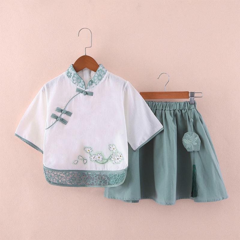 女童连衣裙新款夏装中国风童装女唐装裙子古风汉服套装儿童旗袍裙 绿色 110 cm[正码]