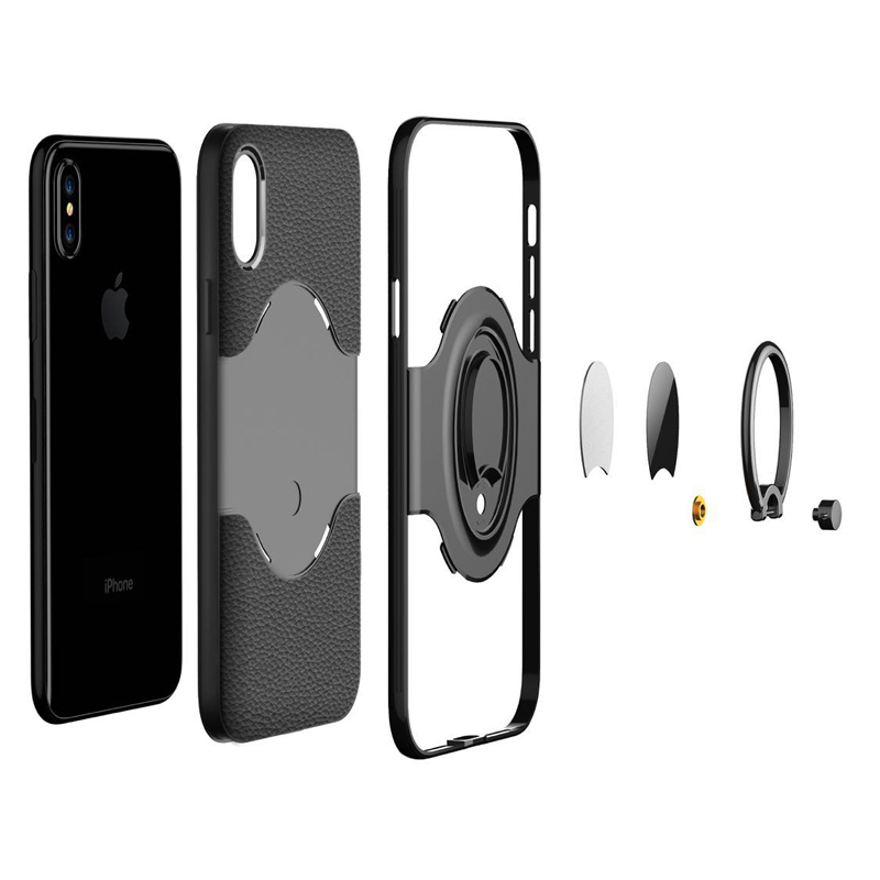 HIGE/iPhoneX手机壳指环扣支架吸盘皮纹手机壳保护套 适用于苹果x手机壳 金色