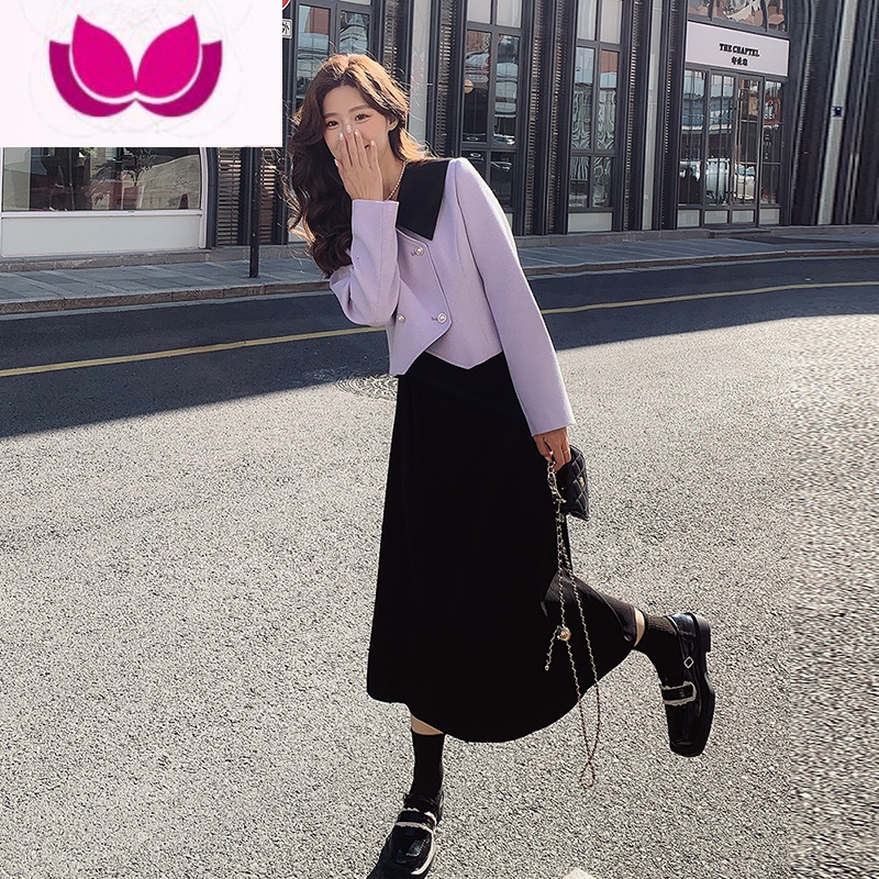 七斓小香风套装裙女2023新款港风高级感炸街紫色上衣半身裙套 L 紫色两件套