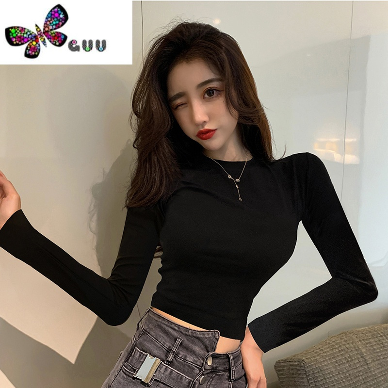语娄打底衫女黑色半高领短款长袖t恤内搭紧身露脐上衣潮