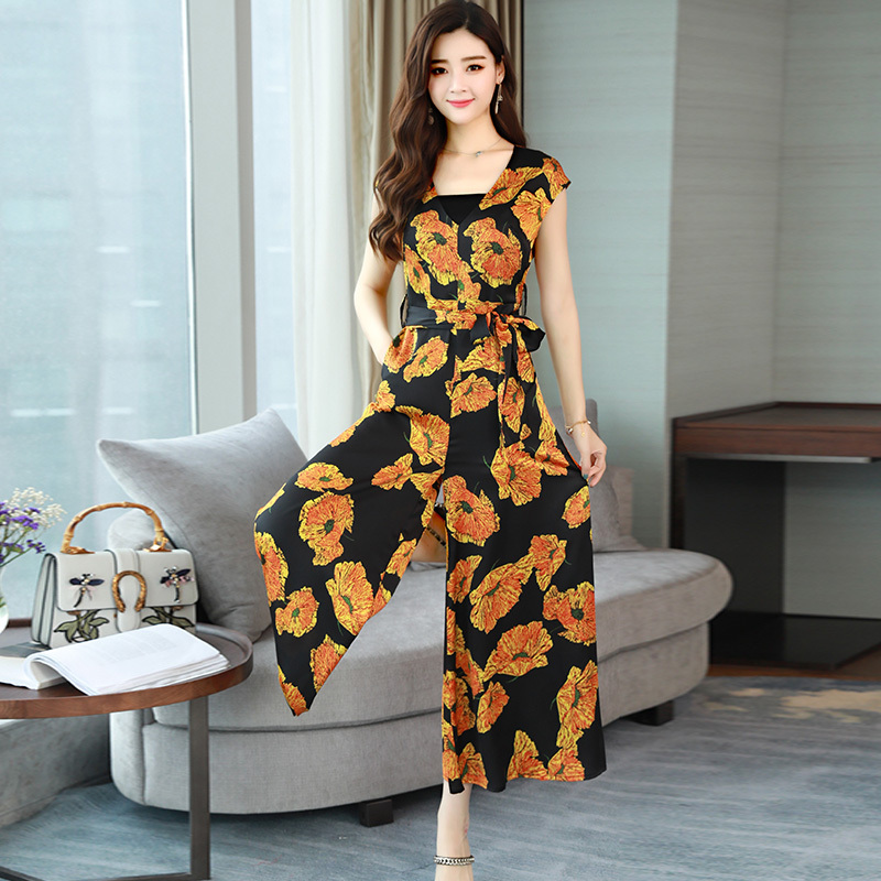 雪纺连体裤女夏装女士新品时尚气质印花v领高腰阔腿裤连体衣套装