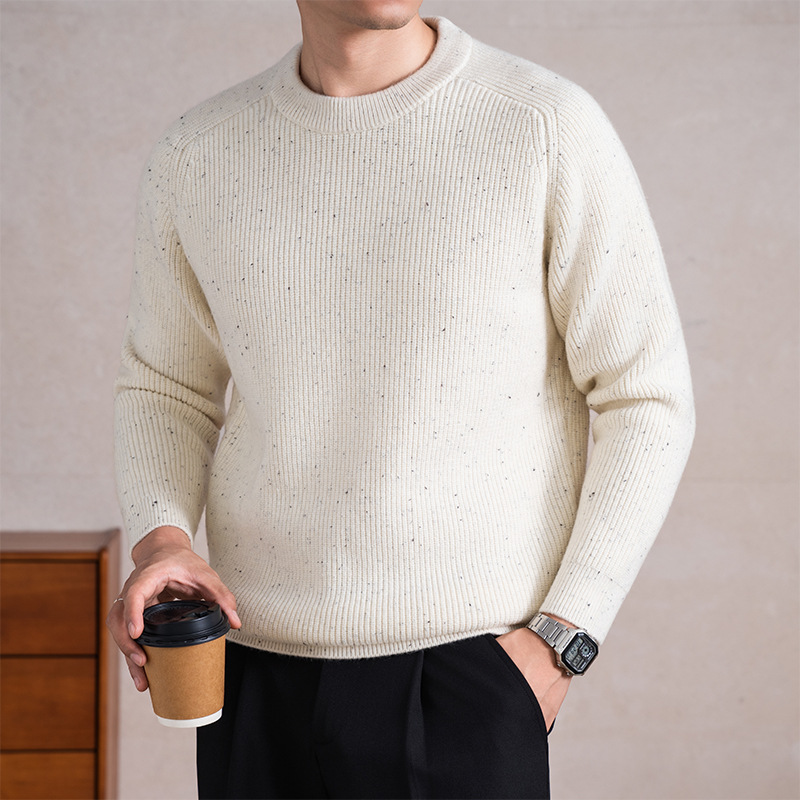 730克冬季新款9针加厚羊毛衫男纯色提花竖条打底针织男士毛衣_27 灰白 XL