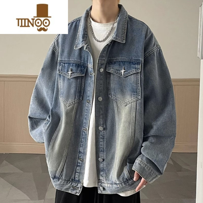YANXU牛仔外套男潮牌美式高街夹克男翻领痞帅水洗复古褂衣服