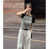 短袖T恤女2024夏季圆领插肩袖复古字母学院风时尚百搭_88423 S 黑色