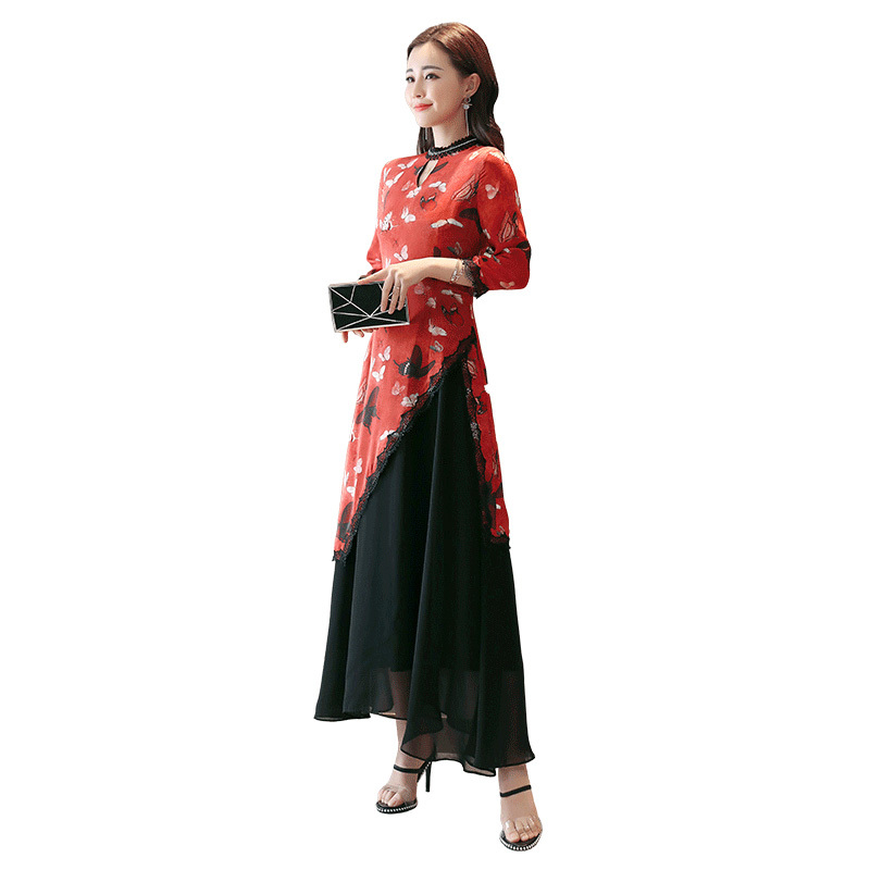 雪纺连衣裙夏装女士新品女复古印花气质长裙时尚中国风假两件裙子