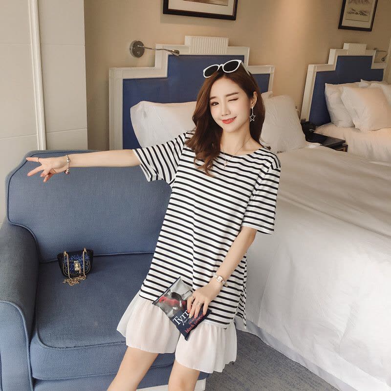 迪鲁奥(DILUAO)孕妇夏装夏新款韩版圆领短袖拼边条纹宽松孕妇连衣裙孕妇裙B98-28 黑色条纹 均码图片